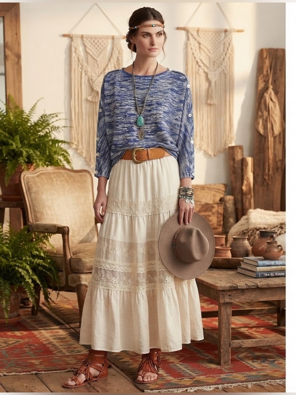 Anthropologie Postmark Blue White Space Dye Button-Sleeve Knit Top Size S